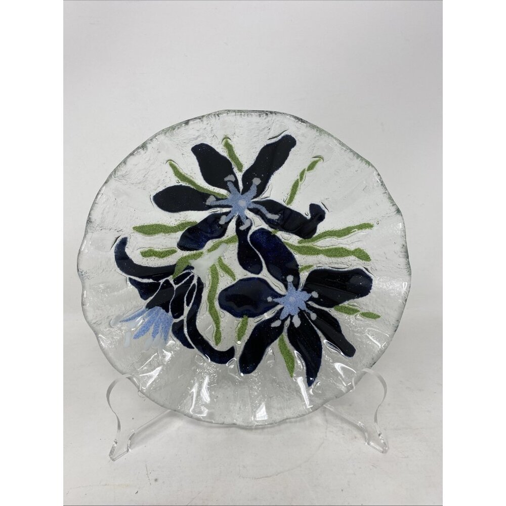 Sydenstricker Fused Glass Bowl Blue Green Lilies Ruffled Edge 7.5” Signed “Syd”